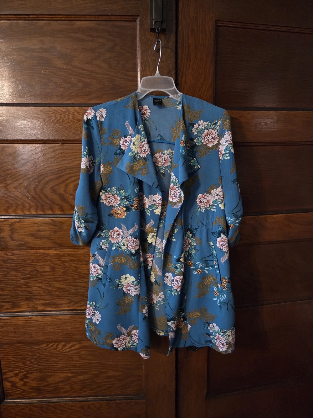 Blue Floral Ruffle Front Women's Cardigan